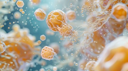 A close up of a bunch of orange cells with a blue background. The cells are floating in the air and appear to be in a state of chaos