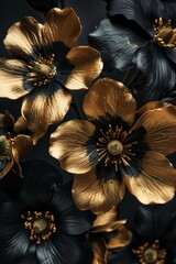 Wall Mural - Collection of black and gold flowers arranged on a black backdrop