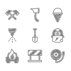 Canvas Print - Set Fire shovel, Road barrier, Ringing alarm bell, Firefighter helmet, Burning car, sprinkler system, cone bucket and axe icon. Vector