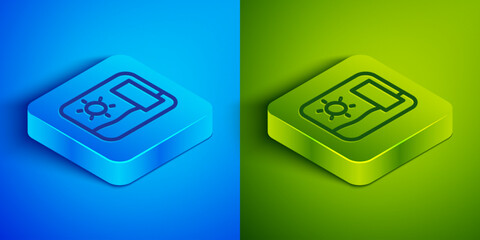 Poster - Isometric line Travel postcard icon isolated on blue and green background. Tourist greeting card. Square button. Vector