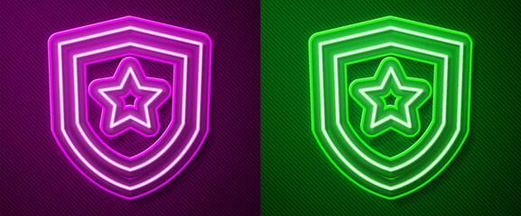 Wall Mural - Glowing neon line Police badge icon isolated on purple and green background. Sheriff badge sign. Vector