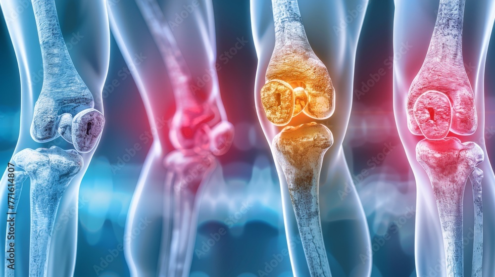 Human femur, knee and foot x-rays showing pain points in red for ...