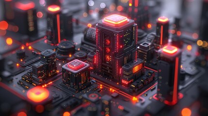 Glowing flat illustration featuring isometric elements of computer technology, showcasing hardware development and software engineering in a vibrant setup