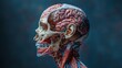Detailed 3D rendering of a dissected view into the human skull, revealing parts of the brain including the cerebellum and intricate gyrus patterns, for educational biology insight