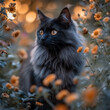 Black fluffy cat with orange eyes in nature surrounded by orange flowers. High quality photo