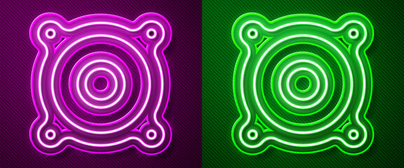 Sticker - Glowing neon line Stereo speaker icon isolated on purple and green background. Sound system speakers. Music icon. Musical column speaker bass equipment. Vector