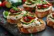 Bruschetta, bread toast, canape with cream cheese, zucchini and dried tomato with herbs