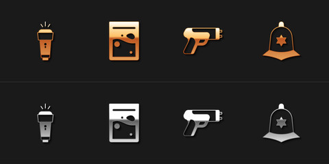 Poster - Set Flashlight, Plastic bag of drug, Police electric shocker and British police helmet icon. Vector