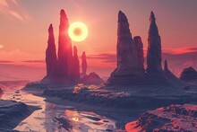 Alien Planet Landscape, Glowing Sun, Fantastic Rock Formations, Surreal Sci-fi Scenery