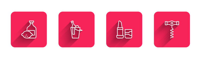 Sticker - Set line Limoncello bottle, Bottle of wine in bucket, Lipstick and Wine corkscrew with long shadow. Red square button. Vector