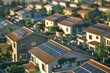 Aerial view of eco-friendly suburb with solar panels on rooftops, 3D illustration