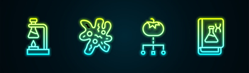 Sticker - Set line Test tube flask on fire, Cell, Genetically modified food and engineering book. Glowing neon icon. Vector