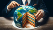 Consuming Earth: Businessman Slicing a Globe Cake