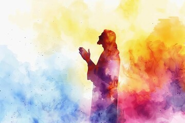 Wall Mural - Abstract watercolor background with silhouette of Jesus Christ worshipping, spiritual and religious digital painting