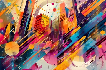 Wall Mural - Abstract vibrant city illustration, colorful dynamic shapes and lines, urban energy and life, digital art