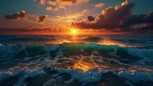 The Image Features A Dramatic Sunset Over A Vast Ocean With Large Waves. The Sky Is Filled With Clouds And The Sun Is A Bright Orange.