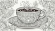 cup of coffee a black and white illustration of a cup of coffee with a floral background, showing the intricate patterns and designs on the cup and the steam rising coloring book page