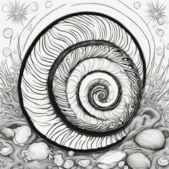 Wall Mural - abstract spiral background black and white, coloring book page illustration,        A shell with a spiral and a pearl, shining 