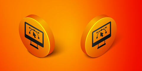 Isometric Computer display with vector design program icon isolated on isolated on orange background. Photo editor software with user interface. Orange circle button. Vector