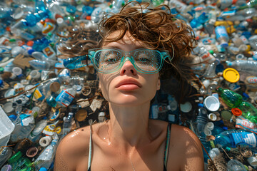 Wall Mural - Beautiful young woman swimming dives underwater in ocean or sea full of plastic trash and garbage. Plastic environmental pollution concept. 