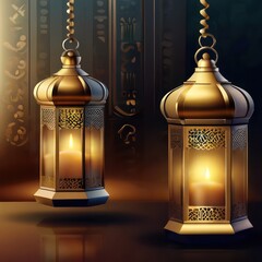 Ramadan kareem greeting design islamic with blur background and luxury lanter