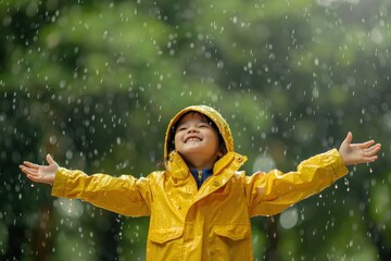 happy kid standing in the rain in green park