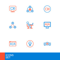 Sticker - Set line Movie, film, media projector, Microphone, Video chat conference, Meeting, Freelancer, and icon. Vector