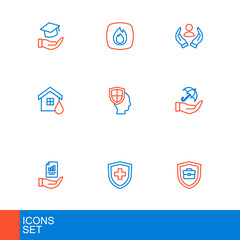 Poster - Set line Briefcase with shield, Life insurance, Contract hand, Umbrella, House flood, and Fire flame icon. Vector