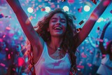 Fototapeta  - Girl teen celebrating and dancing exuberantly at party or at concert - theme Nightlive, clubbing, celebrating, having fun - Generative AI
