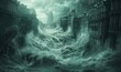 Flooding city with turbulent waters from a tsunami Final Biblical Events of Revelation book, Generative AI