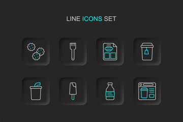 Poster - Set line Online ordering food, Bottle of water, Ice cream, Paper glass with, Cup tea, Restaurant cafe menu, Fork and Cookie biscuit icon. Vector