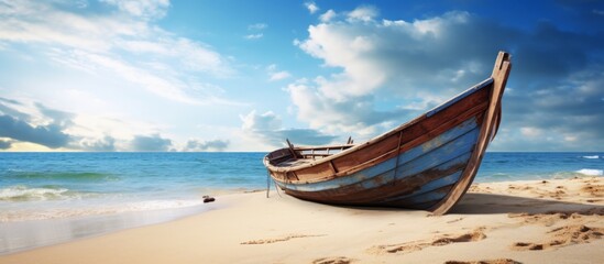 Wall Mural - A watercraft rests on the sandy beach by the ocean, with the sky filled with clouds above. It is a peaceful scene of travel and liquid beauty