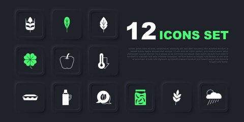 Poster - Set Leaf, Cloud with rain and sun, Apple, Pickled cucumbers jar, Four leaf clover, Thermos container, and icon. Vector