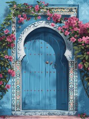 Wall Mural - A painting depicting a blue door adorned with vibrant pink flowers, creating a striking visual contrast