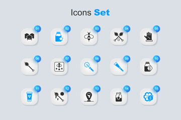 Poster - Set Jar of honey and dipper stick, Type bee, Cosmetic tube with, Sale honeycomb, in jar, Hive for bees and Cutter roll icon. Vector