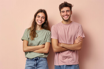 Wall Mural -  young smiling happy fun cool couple two friends man woman wear casual clothes hold hands crossed folded together 