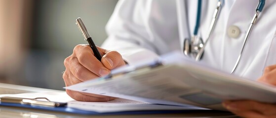 Wall Mural - Doctor writing on medical chart, focused light on hand, clear background.