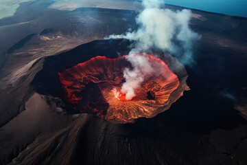 Wall Mural - volcano eruption from a bird view. volcano crater and magma flow shot from above. genertated ai.