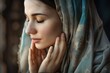 woman with head covered in scarf praying to God , Christianity and religion background