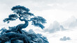 traditional chinese painting style depicting an ancient tree on a rocky mountain in blue and white tones