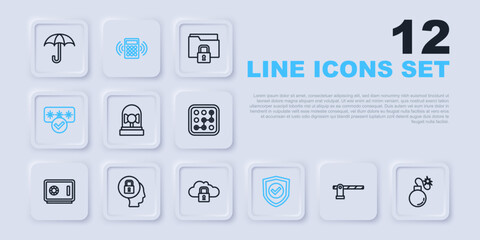 Poster - Set line Parking car barrier, Bomb, Ringing alarm bell, Shield with check mark, Password protection, Lock, Security keypad access panel and Cloud computing lock icon. Vector