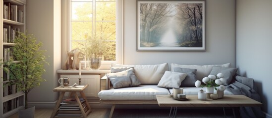 Wall Mural - An inviting living room in a house with a cozy couch, wooden coffee table, bookshelf, and a picture frame on the wall. The interior design is warm and welcoming