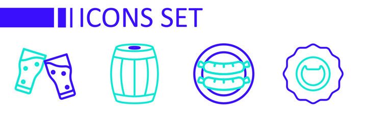 Poster - Set line Bottle opener, Sausage, Wooden barrel and Glass of beer icon. Vector