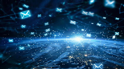 a concept of email on a dark blue background. world transfer information connection concept. business Global background, commerce communication, computer corporate datum earth 