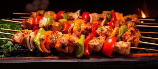 Wall Mural - Delicious skewers of meat and vegetables sizzling on the grill, perfect for a quick and tasty meal. This grilling recipe is a hit for outdoor entertainment and fast food lovers