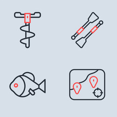 Sticker - Set line Oars or paddles boat, Fish, Location fishing and Hand ice drill icon. Vector