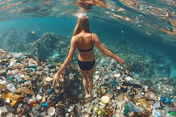 Beautiful young woman swimming dives underwater in ocean or sea full of plastic trash and garbage. Plastic environmental pollution concept. 