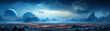 Blue clouds over Mars, alien skyline, dramatic contrast, panoramic view, ethereal atmosphere