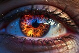 Fototapeta  - Close up of a human eye with a reflection of fire