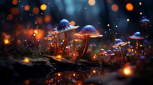 Magic Psychedelic Mushrooms In The Magic Fairy Forest. Wonder Psy Woodland Generative AI Fantasy